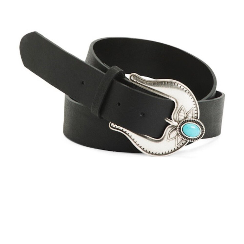 Martina Mori Black Leather Turquoise Buckle Leather Belt